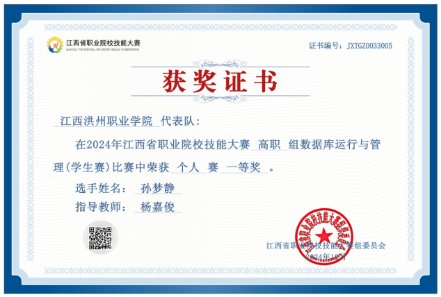 2024年江西省职业院校技能大赛数据库运行与管理赛项	一等奖